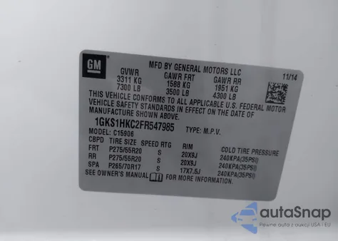 2015 GMC Yukon Xl 1500 Slt z USA, uszkodzony, nr VIN 1GKS1HKC2FR547985